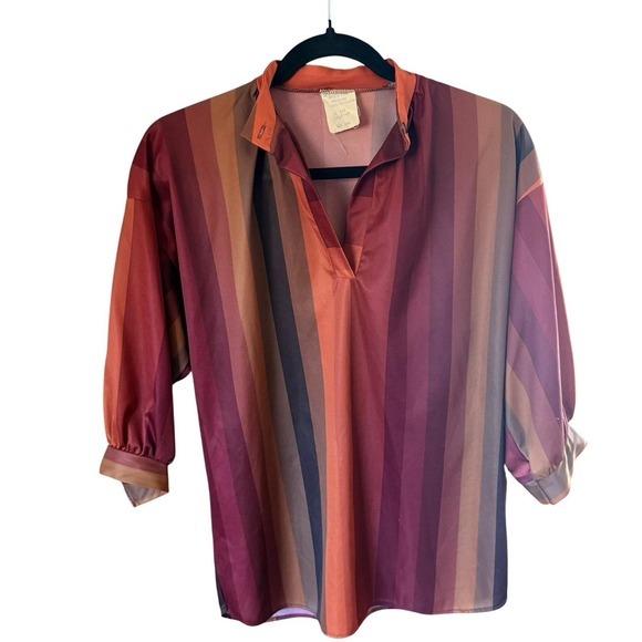 Sears Tops - Vintage 70s Sears Blouse Small Top Balloon Sleeve Mandarin Collar Disco Striped